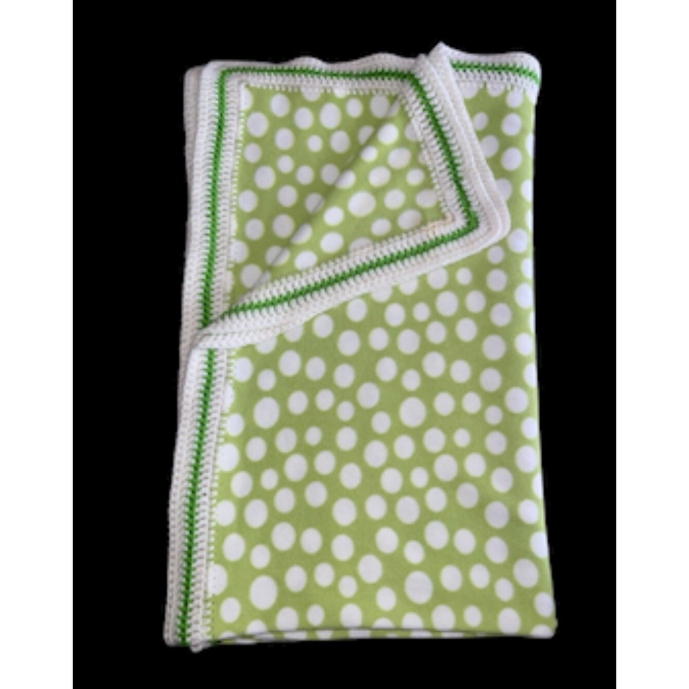 Green White Polka Dot Fleece Blanket Throw Knit Crochet Trim 72x59